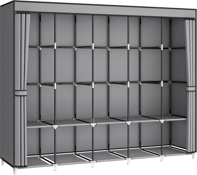 83 Inch Wide Portable Closet Wardrobe, Clothes Storage Rack Organizer with Cover, 5 Clothes Hanging Rods and 10 Storage Shelves, Grey