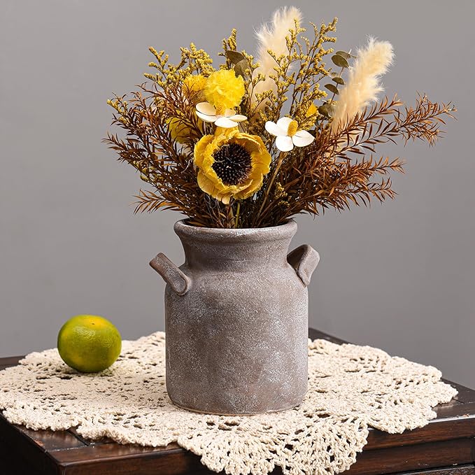 Quoowiit Ceramic Rustic Farmhouse Vase, Distressed Decorative Flower Vases for Home Decor, Ideal Shelf Decor, Boho Vase for Living Room Bedroom Kitchen Office Centerpiece Table Decorations