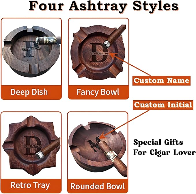 Cigar Ash Tray For Men Dad Wooden Home Ashtrays Personalized Walnut Outdoor Cigar Ash Tray With Name for Husband Grandpa Groomsmen Fathers Day Birthday Anniversary Christmas