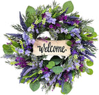 22 Inch Welcome Wreath for Front Door, Artificial Lavender and Eucalyptus Wreath for Spring Summer, Farmhouse Porch Decor Purple Floral Front Door Decoration for Wall Door Farmhouse