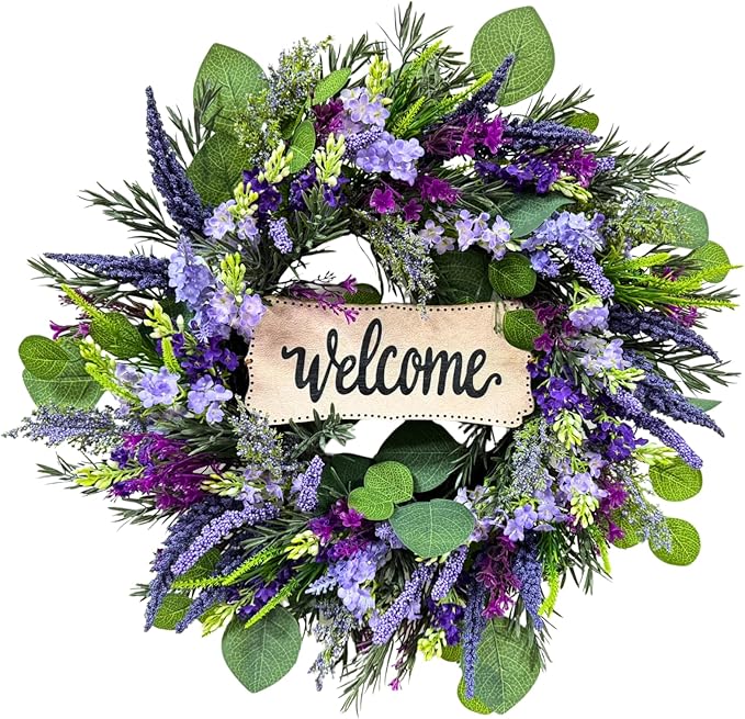 22 Inch Welcome Wreath for Front Door, Artificial Lavender and Eucalyptus Wreath for Spring Summer, Farmhouse Porch Decor Purple Floral Front Door Decoration for Wall Door Farmhouse