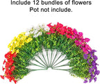 Artificial Flowers Fake Plants for Outdoors Decoration, 12 Bundles Silk Morning Glory with Eucalyptus Realistic UV Resistant Faux Flowers for Outside Planter Porch Yard Patio Garden Home Indoor, Mix