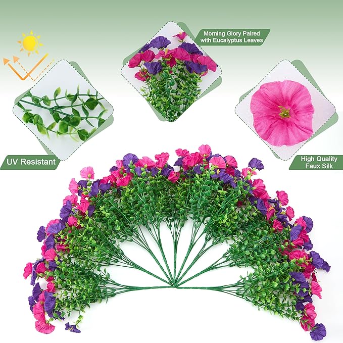 Artificial Flowers for Outdoors Decoration,20 Bundles Fake Morning Glory Petunias for Outside Artificial Faux Plants for Home Porch Patio Balcony Planter Yard Garden Dark Purple Light Purple
