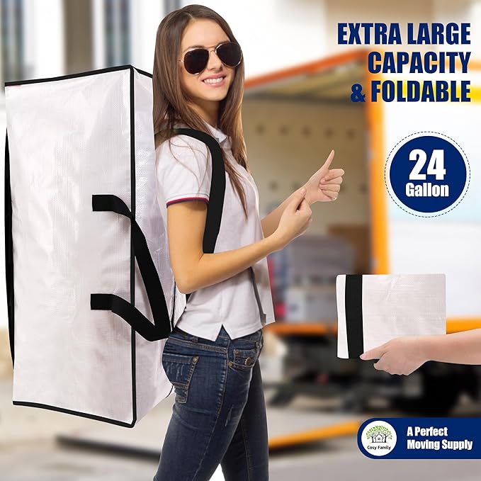 Cosy Family 12 Pack Heavy Duty Moving Bags with Backpack Straps - Strong Handles & Zippers, Storage Totes For Space Saving, Fold Flat, Alternative to Moving Box (X-Large-Set of 12, Clear)