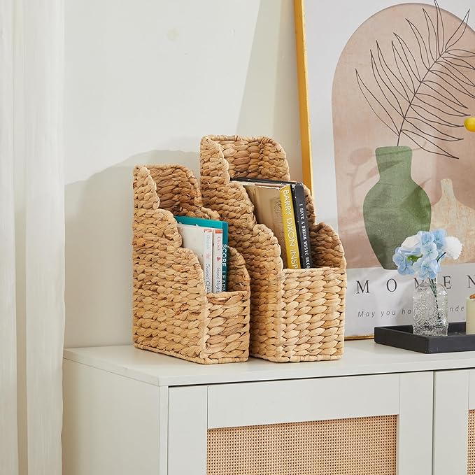 BROWNLILY Water Hyacinth Magazine Holders with Scalloped Edge - Natural Handwoven Rattan Storage Baskets Set of 2 (Large & Small) for Books, Home Office Decor