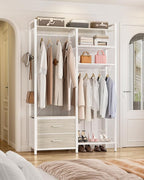 78.7'' Clothes Rack for Hanging Clothes - Reversible Clothing Rack with 2 Drawers, Heavy Duty Garment Racks with Shelves, 6 Tiers Freestanding Closet Wardrobe System with Hanging Hooks, White Oak