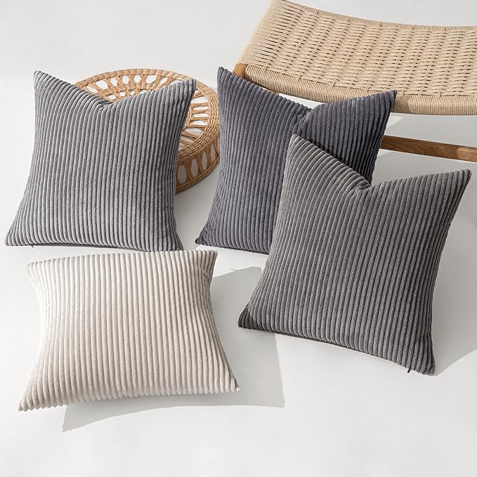 MIULEE Pack of 4 Neutral Grey Gradient Decorative Throw Pillow Covers 18x18 Inch Soft Boho Striped Corduroy Pillow Covers Modern Farmhouse Home Decor for Sofa Living Room Couch Bed