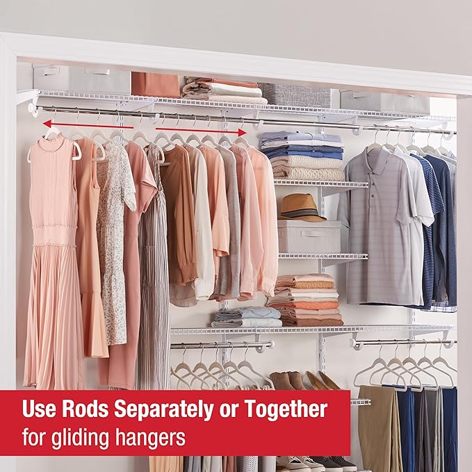 Rubbermaid Configurations Custom Closet Kit 4-8 Ft. Adjustable Metal Wire Shelving White Finish Expandable Organization System Hardware Included for Home Closet/Pantry/Laundry/Mudroom