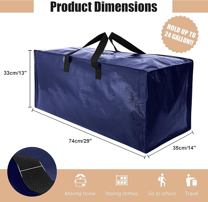 Heavy Duty Moving Bags with Backpack Straps and Strong Handles, Alternative to Moving Boxes and Storage Totes for Dorm Room Essentials, 6 Pack, Blue