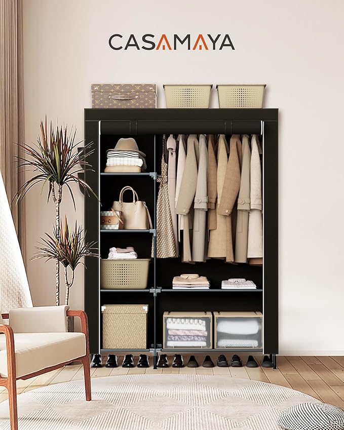 Portable Closet, 48 Inch Large Capacity Wardrobe Closet, Clothes Storage Organizer with Shelves and Hanging Rod, Easy to Assembly, Black PCT221B01