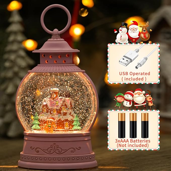 Christmas Snow Globes, Gingerbread House Musical Snow Globe Light up Swirling Glitter Snow Globe Pink Lantern with Timer, USB & Battery Operated Candy Cottage and Gingerbread Man Christmas Home Decor