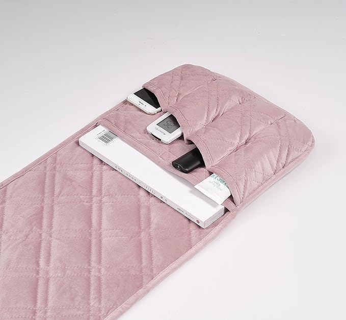 Brilliant Sunshine Pink Velvet Couch Sofa Armrest 5 Pockets Organizer, Slip Resistant Recliner Armchair Caddy, Washable Remote Controls Holder, Storage for Magazine, Tablet, iPad, 35×13", Silver Pink