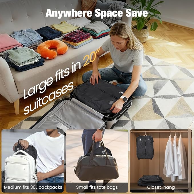 3 Pack Vacuum Bags for Travel with Pump, 3-Size Set Reusable Vacuum Compression Bags for Luggage, Space Saver IP67 Waterproof Vacuum Packing Cubes for Suitcase&Backpack, Black