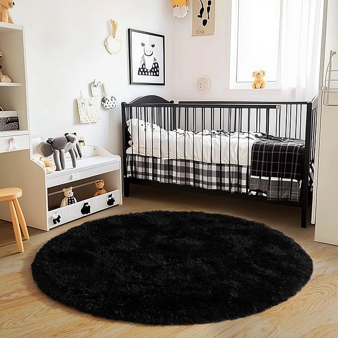 3'x3' Black Round Rug for Bedroom, Ultra Soft Fluffy Circle Rug for Kids Girls Boys Room, Cute Small Shag Rugs for Living Room Playroom Teen Room Home Decor Rug