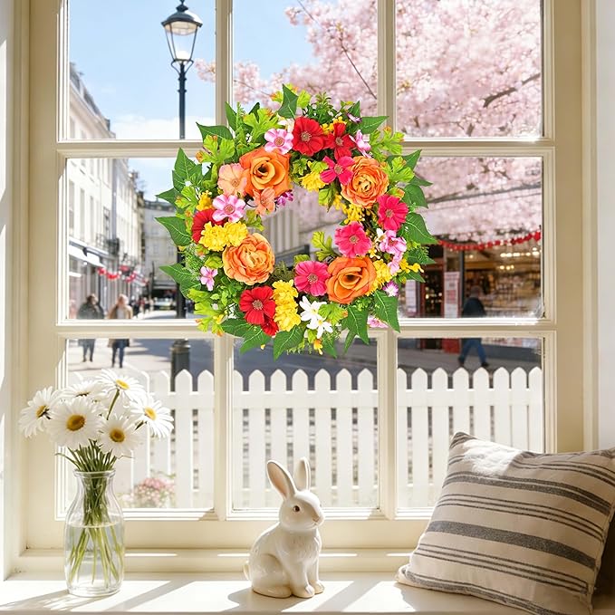 zjlmit 20 Inch Spring Wreath for Front Door, Artificial Silk Flower Wreath on Grapevine Base with Orange Rose-Style Blooms, Multicolor Floral Accents and Greenery, Indoor Wall Entryway Decor