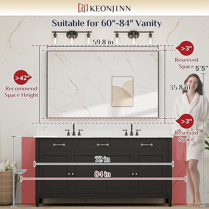 Keonjinn Gold Bathroom Mirror 60 x 36 Inch, Brushed Gold Metal Framed Mirrors, Square Corner Rectangular Large Wall Mirrors, Trimmed Wall-Mounted Vanity Mirror(Horizontal/Vertical)