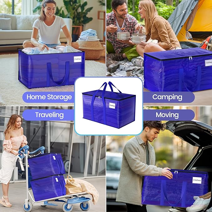 10Pack Moving Storage Bags, Moving Supplies Packing Boxes for Moving, Camping, College Dorm Room Essentials for Girls, Blue Tote Bags, 76L Heavy-Duty Storage Bins With Lids And Zippers
