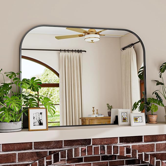 Black Wall Mounted Bathroom Mirror - 38 x 30 Inch Round Cruved Top Right Angle Bottom Wide Wall Mirror, Aluminum Metal Framed, Decor for Living Room, Bedroom, Fireplace, Mantle, Entryway