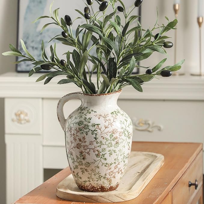 Enra Vintage vase,Ceramic Chinoiserie Floral Vase,Green and Beige Decorative Flower vase,Large Rustic Vases for Home Decors, Living Room, Bookshelf, Office，9.7 inch