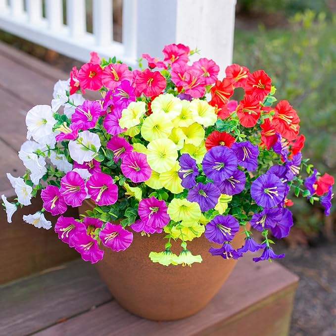 Artificial Flowers Fake Plants for Outdoors Decoration, 12 Bundles Silk Morning Glory with Eucalyptus Realistic UV Resistant Faux Flowers for Outside Planter Porch Yard Patio Garden Home Indoor, Mix