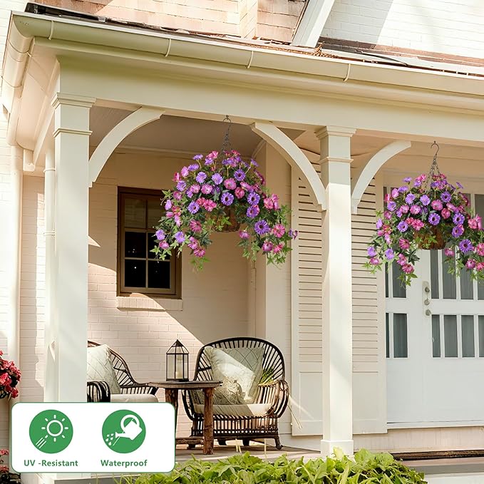 Artificial Fake Flowers Plants for Outdoors Spring Decoration, 2Pcs Faux Petunias with Greenery UV Resistant No Fade, Realistic Silk Flower for Outside Patio Planters Porch Window(Purple Fuchsia)