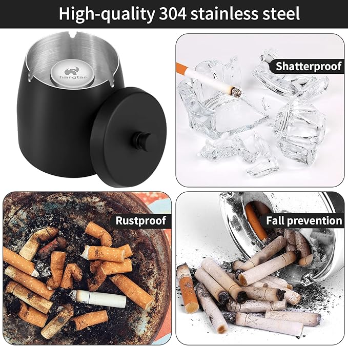 Outdoor Ashtrays for Patio with Lid, Outdoor Ash Tray Sets for Cigarettes, Stainless Steel Windproof Ashtrays Large Covered Outside Odorless Iron Metal Indoor Tabletop, Black, Medium