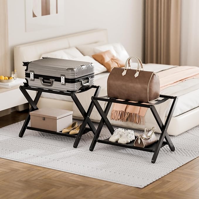 HITNET Luggage Rack for Guest Room, Suitcase Stand Folding Bedroom, Bamboo Hotel Luggage Holder with Fabric Storage Shelf and Nylon Straps, Black
