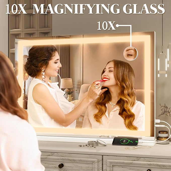 FENNIO Vanity Mirror with Lights 32"x22", Lighted Makeup Mirror, Large Vanity Mirror, Touch Sensor with 3-Color Lighting, USB Charging Port for Vanity Desk（Square White）