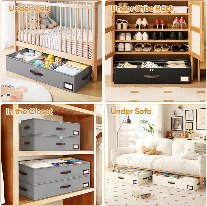 OIAHOMY 2 Pack Under Bed Storage, 6 Inch High Under Bed Storage Containers with Adjustable Dividers, Dual Zippers, &Clear Lid, 53L Under Bed Drawers For Clothes, Blankets, Clothing, & Shoes, Grey