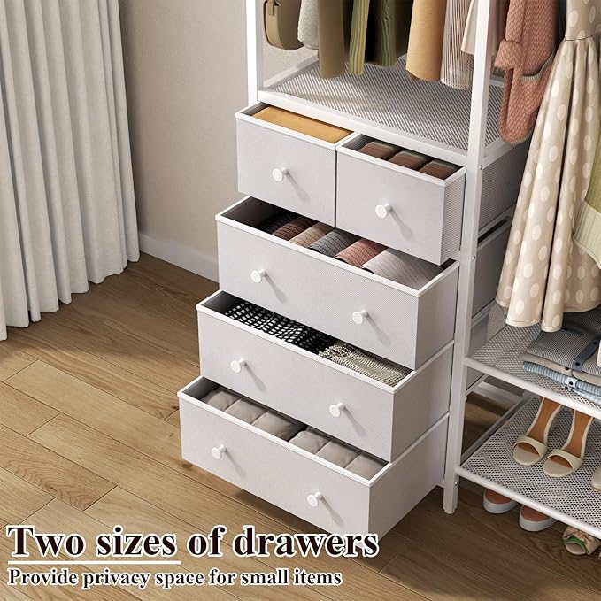 Auromie Clothes Rack with 5 Drawers & 4 Storage Shelves, 59.1W*70.9H Heavy Duty Clothing Rack with 2 Hanging Rods, Wardrobe Closet Organizer System with 5 Hooks, Freestanding Garment Rack (White)