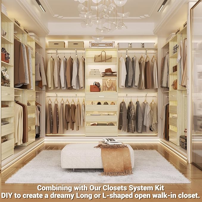 Aheaplus Closet System with Drawers Set of 2, Wood Closet Organizer System with 8 Hanging Rods & Top Shelves, Walk-in Closets Organizer Wardrobe Clothes Rack, Cut Fits Spaces 4-9FT. Wide, White Oak