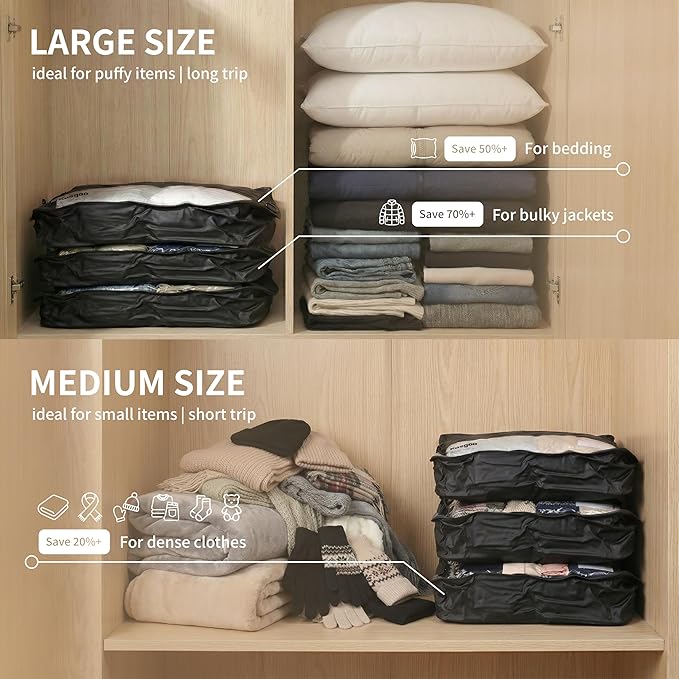 Vacuum Compression Bags for Travel with Pump 180° Open Vacuum Seal Bags for Carry-on Luggage Home Storage, IP67 Waterproof Space Saver Storage Bag (1 Large Pack + Pump Beige)