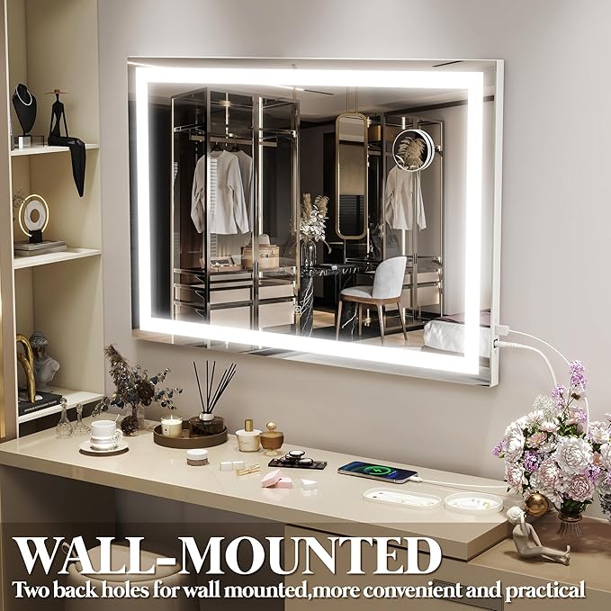 FENNIO Vanity Mirror with Lights 32"x22", Lighted Makeup Mirror, Large Vanity Mirror, Touch Sensor with 3-Color Lighting, USB Charging Port for Vanity Desk（Square White）
