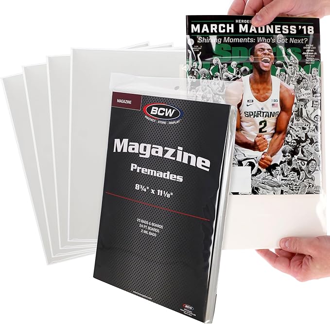 BCW Magazine Bags and Boards – (100 Pack) | Premade Non-Resealable Magazine Protectors | Standard Size 8 ¾" x 11 ⅛" | Magazine Sleeves and Boards Pre-Loaded for Storage and Display
