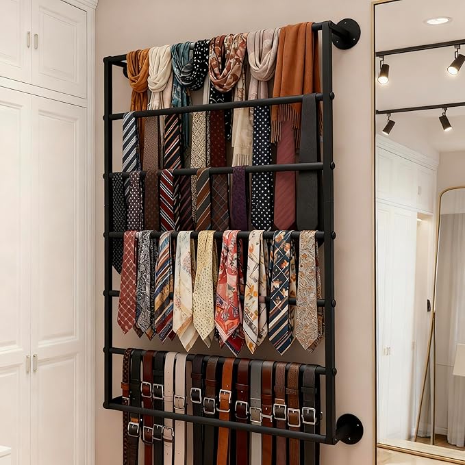 Wall Mounted Display Rack, 7-Layer Wrapping Paper Ribbon Organizer Scarves Tie & Scarf Rack Belts Towel Holder Necktie Hijab Stand Metal Shelving for Home, Retail Stores, Flower Shop