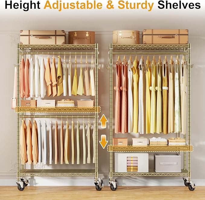 P1 Rolling Clothes Rack, Portable Wardrobe Closet with Wheels, Heavy-Duty Closet Clothing Rack for Hanging Clothes, 35.5" W x 15.7" D x 80.5" H, Hold 500lbs, Gold