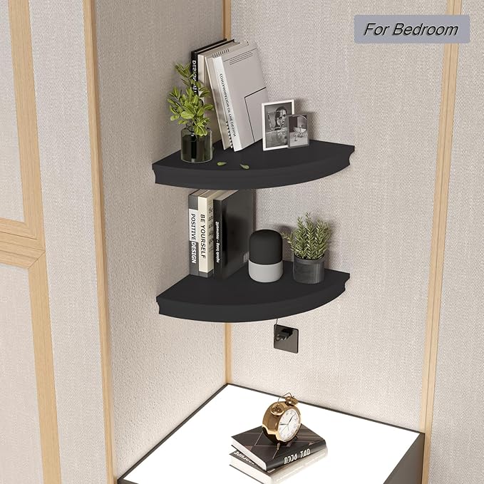 HAO Floating Corner Shelf Invisible Wall Mounted Shelves Radial Shape Cable Wire Hole Pattern Perfect for Bedroom Bathroom Living Room Kitchen Set of 2 Black
