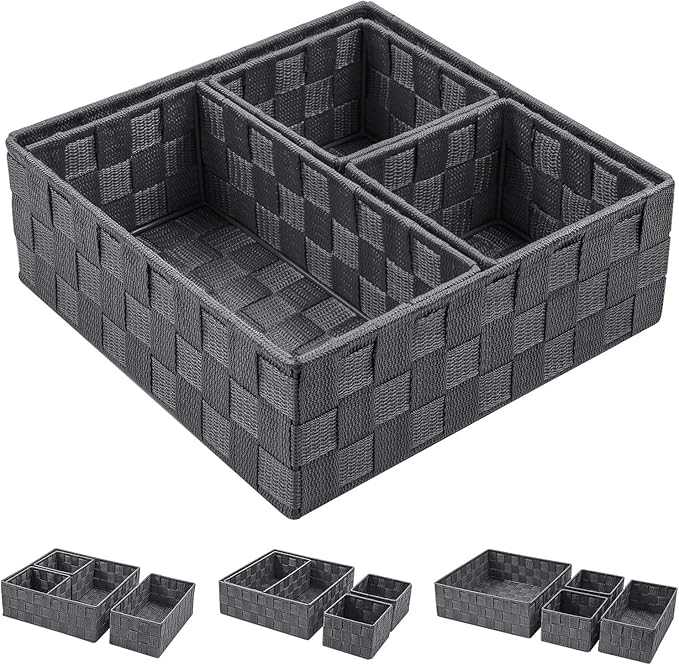 Posprica Woven Storage Baskets for Organizing, Small Baskets Cube Bin Container Tote Organizer Divider for Drawer, Closet, Shelf, Dresser, Set of 4(Dark Grey)
