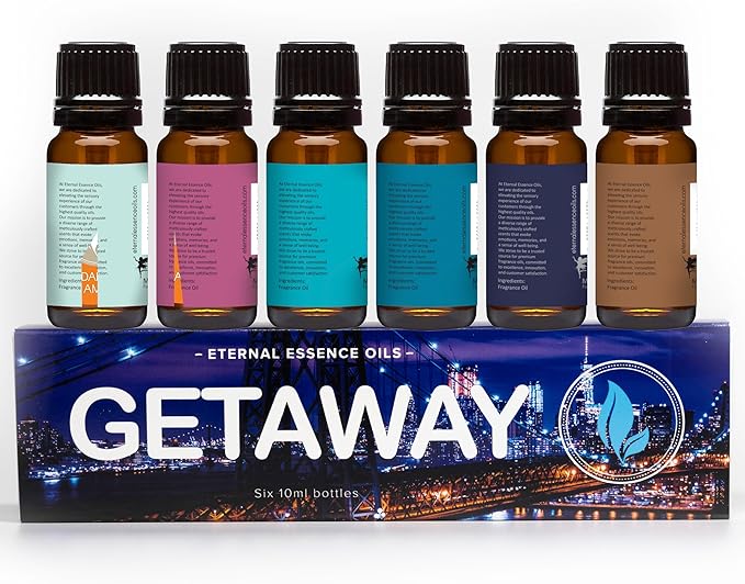 Get Away Gift Set of 6 Premium Grade Fragrance Oils - Island Hop, Ocean Breeze, Tropical Passion Fruit, Aspen Winter, Instant Vacation, Sun & Sand - 10Ml - Scented Oils