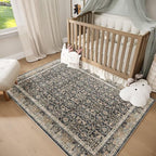 Washable 2x3 Entryway Rug, Boho Non-Slip Door Mat Vintage Distress Small Rugs for Kitchen Nursery Office Bedroom, 0.3" Neutral Oriental Throw Carpet with Cushioning Pad, Black/Brown/Blue/Multi