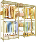 Ulif E4 Clothes Rack, Heavy-Duty Garment Rack, Metal Freestanding Clothing Organization Storage System Can Be L-Shaped with Shelves and Hangers, Max Load 962lbs, 71.6" W x 14.5" D x 79.3" H, Gold