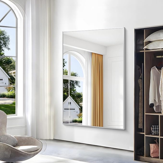 BONEWEI Silver Bathroom Mirror,60x40 inch Wall Mirror for Bathroom Wall Mounted,Large Rectangle Mirror for Bathroom Over Sink,Modern Metal Frame for Living Room,Bedroom Entryway,Horizontal/Vertical