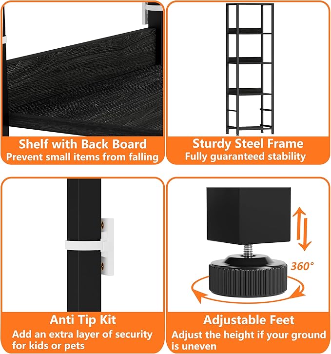 Furnulem 4-Tier Corner Shelf, Bookshelf with 2 Storage Drawers, 57.28”Tall Narrow Bookcase, Standing Shelf Organizer Unit for Living Room, Bedroom, Metal Frame, Wood Display Shelf