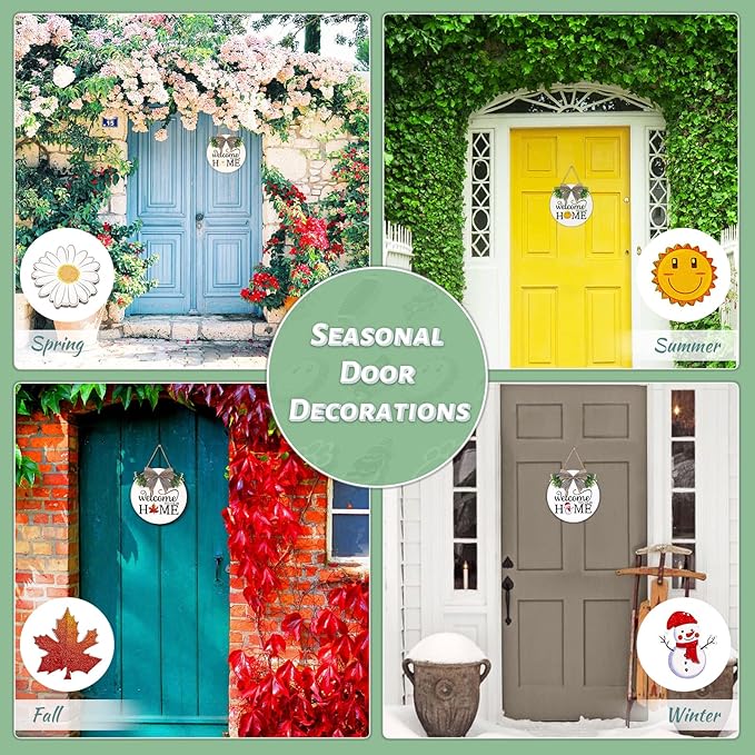 Interchangeable Welcome Sign for Front Door - Solid Wooden Welcome Wreaths with 16 Seasonal Holiday Icons Front Door Decor for Farmhouse Hanging, Valentine's, Easter Christmas Housewarming Gift Decor
