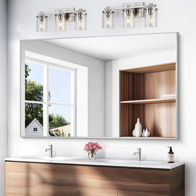 BONEWEI Silver Bathroom Mirror,60x40 inch Wall Mirror for Bathroom Wall Mounted,Large Rectangle Mirror for Bathroom Over Sink,Modern Metal Frame for Living Room,Bedroom Entryway,Horizontal/Vertical