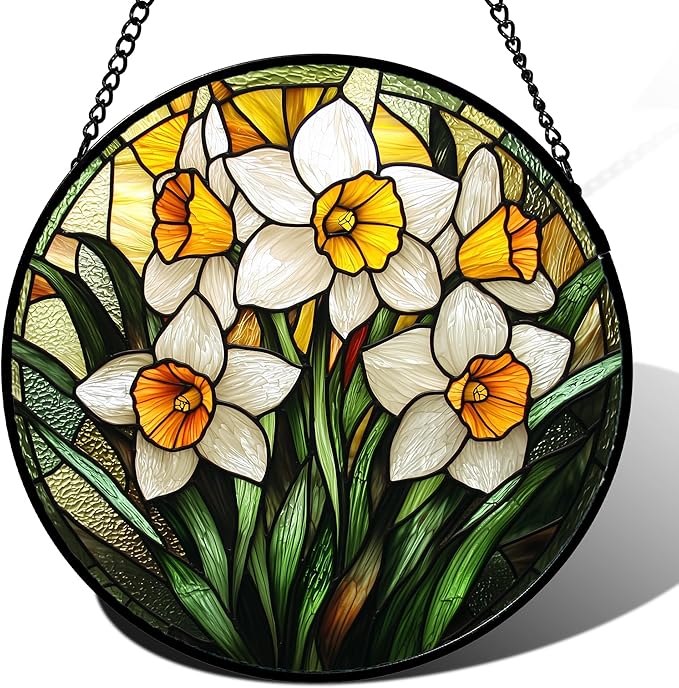 Stained Glass Window Hanging, Yellow and White Daffodils Sun Catcher for Door Home Decor Plants Flowers Suncatcher Christmas Mother's Day Birthday Gifts for Women Men Mom Nana 11.8 in