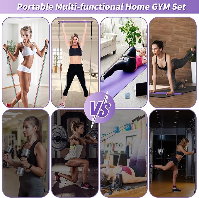 Portable Pilates Bar Kit with Resistance Bands for Men and Women - 3 Set Exercise Resistance Bands - Multifunctional Home Gym - Supports Full-Body Workouts – with Fitness Poster and Video