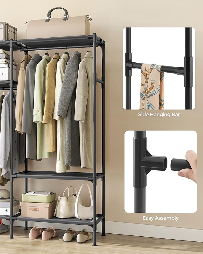 SONGMICS Heavy Duty Clothes Rack, 65 Inch Freestanding Portable Wardrobe with Hanging Rails and Shelves, Total Load 242 lb, Easy Assembly, for Cloakroom, Bedroom, Black URDR201B02