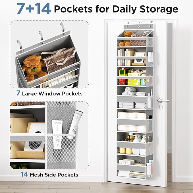 Over The Door Organizer, 7 Tier Door Hanging Organizers with 7 Large Pockets 12 Side Pockets, Behind Door Storage Hanging Shelves for Closet Bathroom Bedroom Nursery