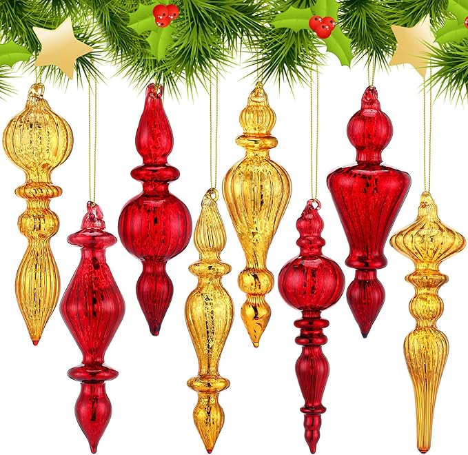 Mifoci 8 Pcs 6 Inch Mercury Glass Finial Christmas Ornaments Hanging Christmas Finials Glass Ornaments Assorted Mercury Decor for Vintage Holiday Xmas Tree Decoration(Red, Gold)